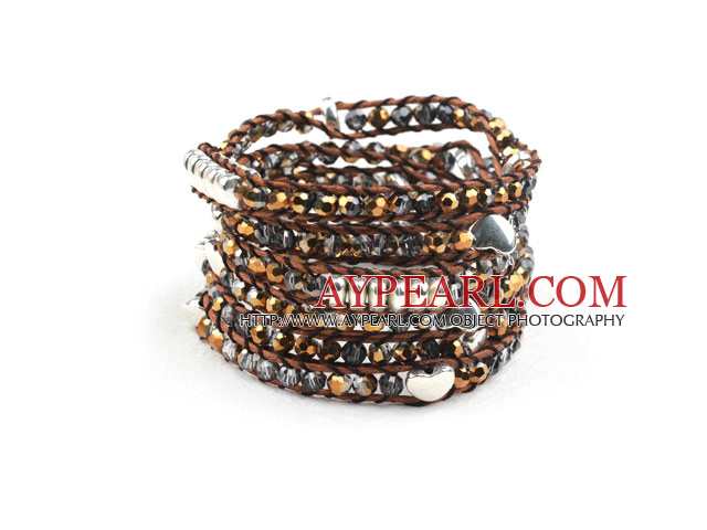 Long Style 4mm Golden Crystal Wrap Bangle Bracelet with Brown Thread and Shell Clasp