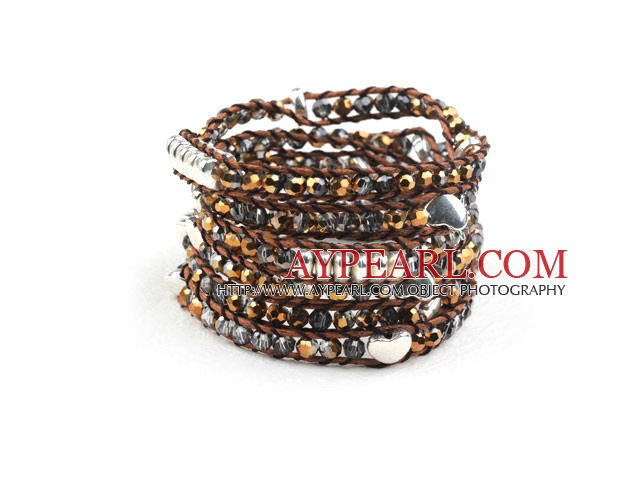 Pitkä Style 4mm Golden Crystal Wrap rannerengas rannerengas kanssa Brown Thread ja Shell Lukko