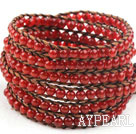 Lang stil 4mm Natural Carnelian Wrap Bangle Bracelet med Brown Tråd og Shell Clasp