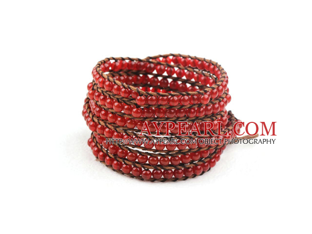Long Style 4mm Natural Carnelian Wrap Bangle Bracelet with Brown Thread and Shell Clasp