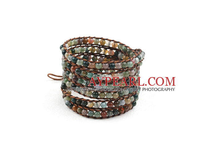 Long Style 4mm Indian Agate Wrap Bangle Bracelet with Brown Thread and Shell Clasp