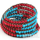 Long Style 4mm Round Coral and Turquoise Wrap Bangle Bracelet with Brown Thread and Shell Clasp