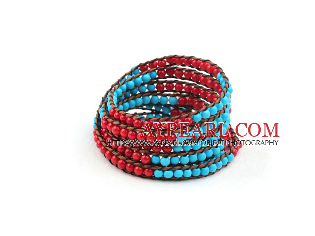 Long Style 4mm Round Coral and Turquoise Wrap Bangle Bracelet with Brown Thread and Shell Clasp
