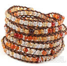 Long Style 4mm Natural Color Agate Wrap Bangle Bracelet with Brown Thread and Shell Clasp