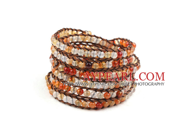 Lang stil 4mm Natural Color Agate Wrap Bangle Bracelet med Brown Tråd og Shell Clasp