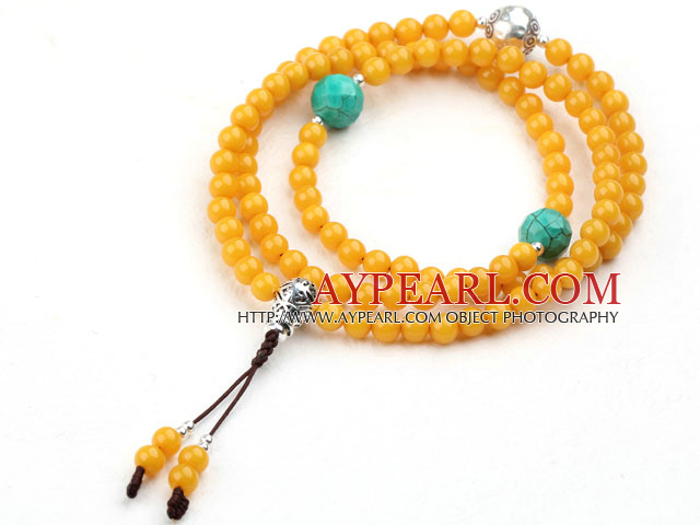 Imitation Amber Prayer Bracelet with Faceted Turquoise and Sterling Silver Accessory ( Rosary Bracelet can also be necklace)