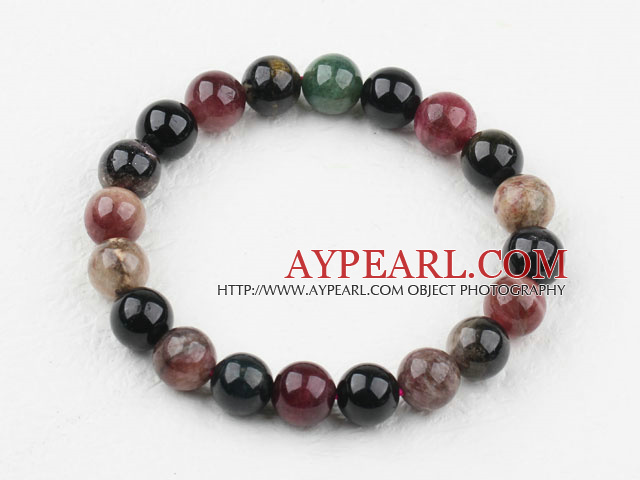 8-8.5mm Dark Color Round Tourmaline Beaded Elastic Bangle Bracelet