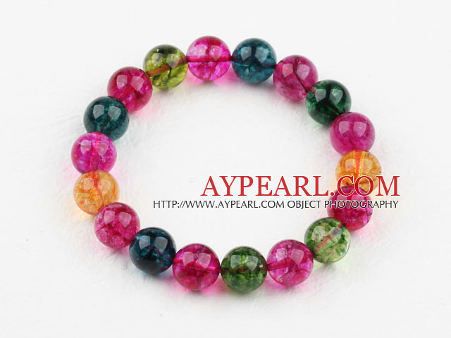 12mm Round Multi Color Natural Tourmaline Crystal Beaded Bangle Bracelet