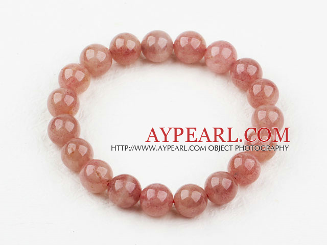 10mm Round Pink Strawberry Quartz Beaded Elastic Bangle Bracelet