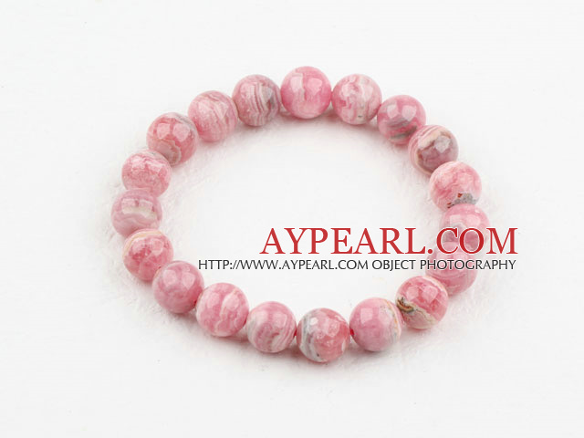 Round 8mm Rhodochrosite Beaded Elastic Bangle Bracelet