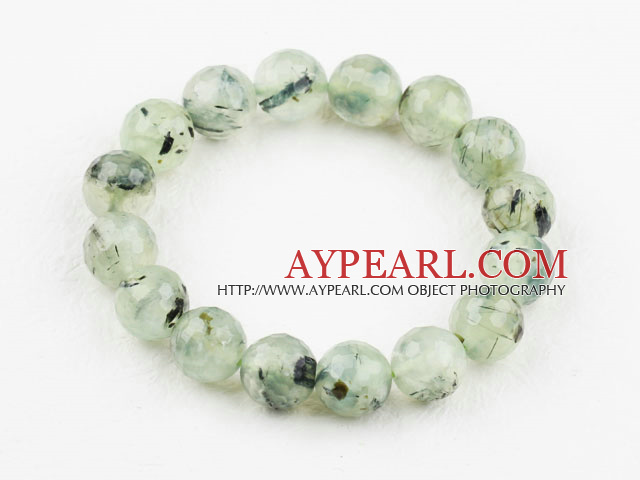 12mm Natural Faceted Prehnite Beaded Elastic Bangle Bracelet