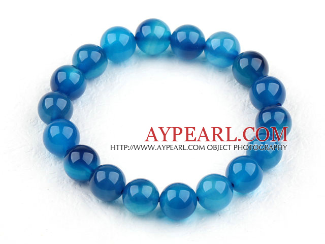 10mm Transparent Round Blue Agate Beaded Elastic Bangle Bracelet