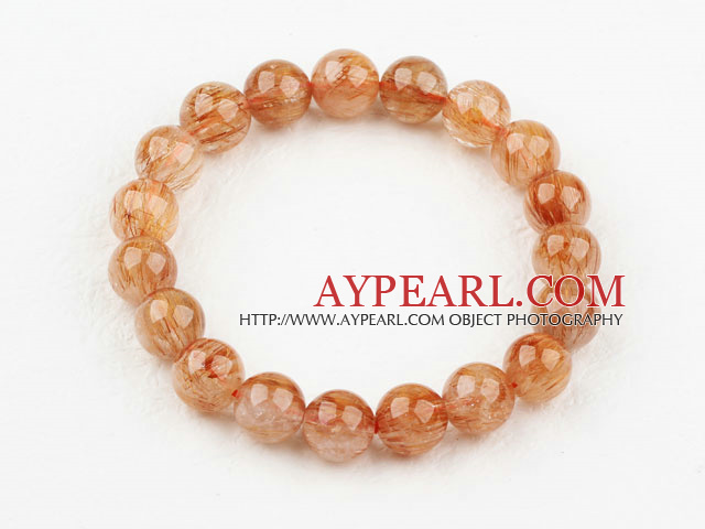 8mm Round Natural Copper Rutilated Quartz Beaded Elastic Bangle Bracelet