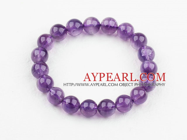 10mm Round Natural Amethyst Beaded Elastic Bangle Bracelet