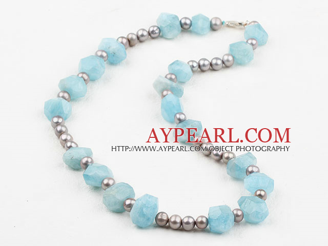 Incidence Angle Shape Aquamarine and Gray Freshwater Pearl Necklace