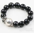 Natural Agate Noire perlé Bracelet élastique avec accessoires en argent sterling