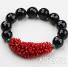 Natural Red Coral and Black Agate and Malachite Elastic Bangle Bracelet