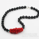 Natural Red Coral and Black Agate and Malachite Necklace with Sterling Silver Clasp