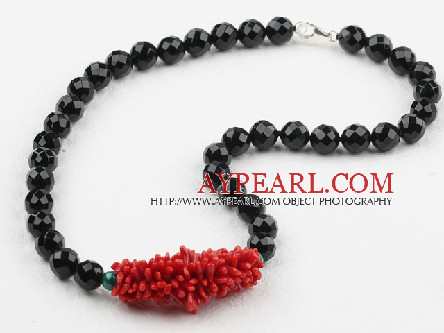 Natural Red Coral and Black Agate and Malachite Necklace with Sterling Silver Clasp