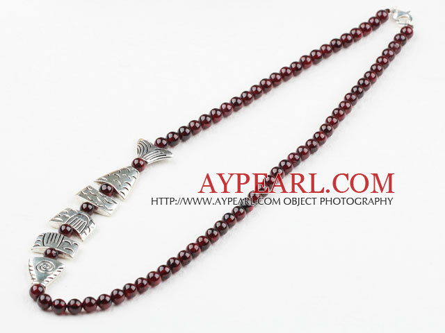 Wine Red Color Natural Garnet Necklace with Sterling Silver Clasp and Tibet Silver Fish Accessories