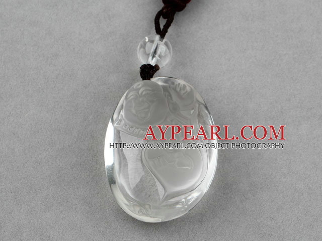 Natural Clear Crystal Laughing Buddha Pendant Necklace with Black Thread