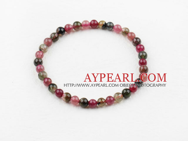 5mm Multi Color Round Natural Tourmaline Beaded Elastisk Bangle Bracelet