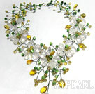 Elegant Klar og Lemon Color Crystal og Cat Eye Flower halskjede
