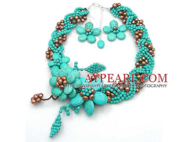 Tyylikäs Big Style Brown Pearl ja Turkoosi Flower Set (kaulakoru ja Vastaavat korvakorut)