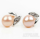 Fashion Style 6-7mm Natural Pink Freshwater Pearl Studs Earrings with Leaf Shape Rhinestone