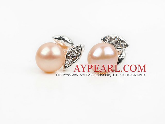 Fashion Style 6-7mm Natural Pink Freshwater Pearl Studs Earrings with Leaf Shape Rhinestone