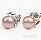 Fashion Style 6-7mm Natural Violet Freshwater Pearl Studs Earrings with Leaf Shape Rhinestone