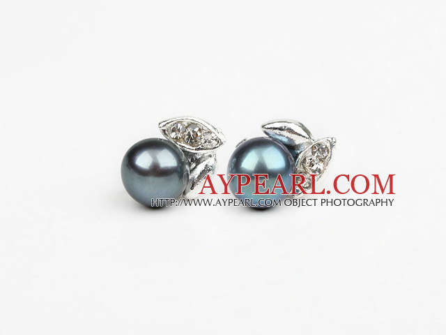 Fashion Style 6-7mm φυσικό μαύρο γλυκού νερού μαργαριτάρι σκουλαρίκια καρφιά με τεχνητό διαμάντι σχήμα φύλλων