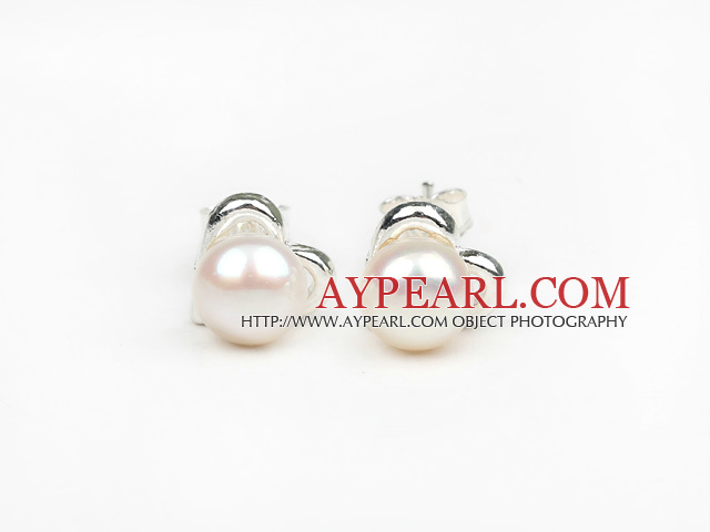 Fashion Style 6-7mm Naturel Blanc perles d'eau douce Boucles d'oreilles Clous avec accessoires en forme de coeur