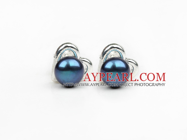 Fashion Style 6-7mm Naturel Noir Boucles d'oreilles perles d'eau douce Goujons avec accessoires en forme de coeur