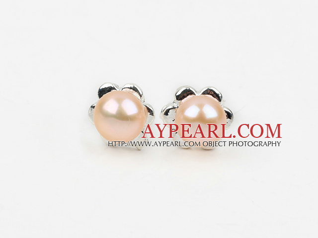 Fashion Style 6-7mm Natural Pink Freshwater Pearl Studs Earrings with Flower Shape Accessories