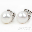 Mote stil 9-10mm Natural White Ferskvann Pearl Studs øredobber med rhinestone tilbehør