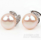Fashion Style 9-10mm Natural Pink Freshwater Pearl Studs Earrings with Rhinestone Accessories