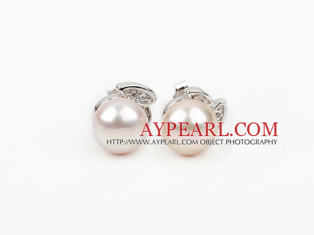 Fashion Style 9-10mm Natural Violet Freshwater Pearl Studs Earrings with Rhinestone Accessories