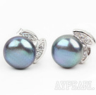 Fashion Style 9-10mm Natural Black Freshwater Pearl Studs Örhängen med strass bladform Tillbehör