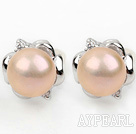 Fashion Style 9-10mm Natural Pink Freshwater Pearl Studs Earrings with Flower Shape Rhinestone Accessories