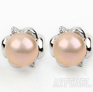 Fashion Style 9-10mm Natural Pink Freshwater Pearl Studs Örhängen med blomma Tillbehör Shape STRASS