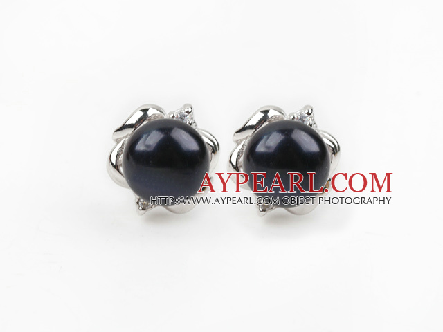 Fashion Style 9-10mm Natural Black Freshwater Pearl Studs Earrings with Flower Shape Accessories