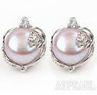 Fashion Style 11-12mm Natural Violet Freshwater Pearl Studs Earrings with Flower Shape Rhinestone Accessories