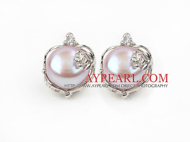 Fashion Style 11-12mm Natural Violet Freshwater Pearl Studs Earrings with Flower Shape Rhinestone Accessories
