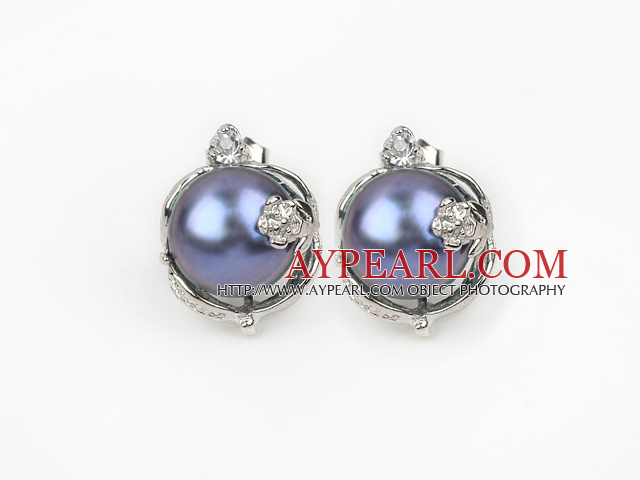 Fashion Style 11-12mm Natural Black Freshwater Pearl Studs Earrings with Flower Shape Rhinestone Accessories