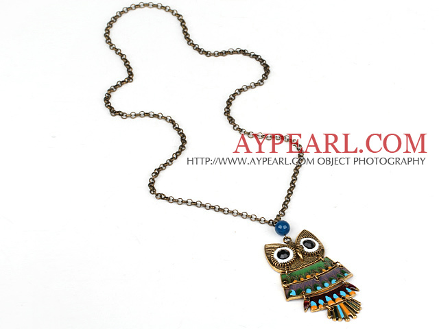 Stil de moda animală Owl forma colier pandantiv cu lant de metal și Agate Albastru