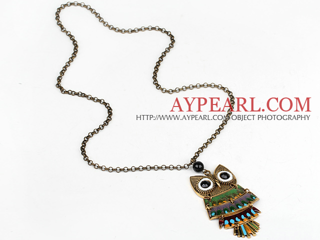 Fashion Style Tierform Owl Halskette mit Metall-Kette und schwarz Achat