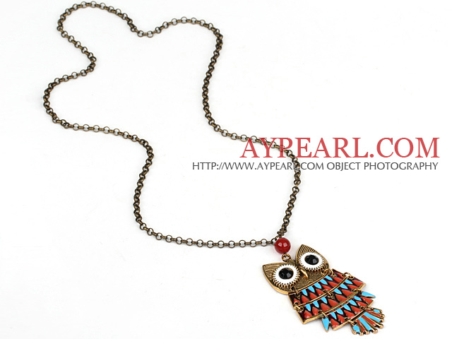 Fashion Style Animal Shape Owl Pendant Necklace with Metal Chain and Red Carnelian