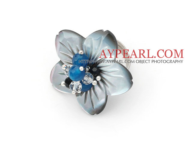 Agate and Crystal and Shell Flower Adjustable Ring