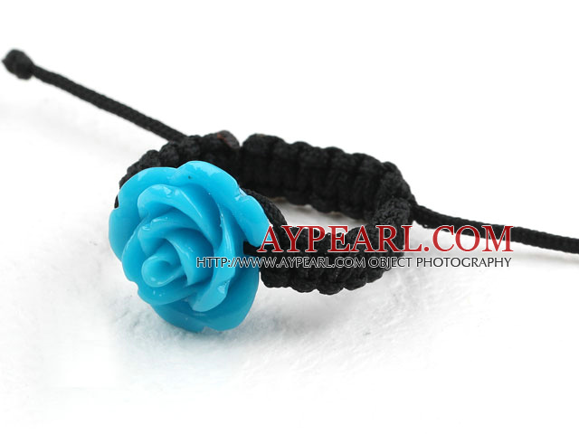 Blå farge Imitasjon Turquoise Rose Flower veves Drawstring Justerbar Ring